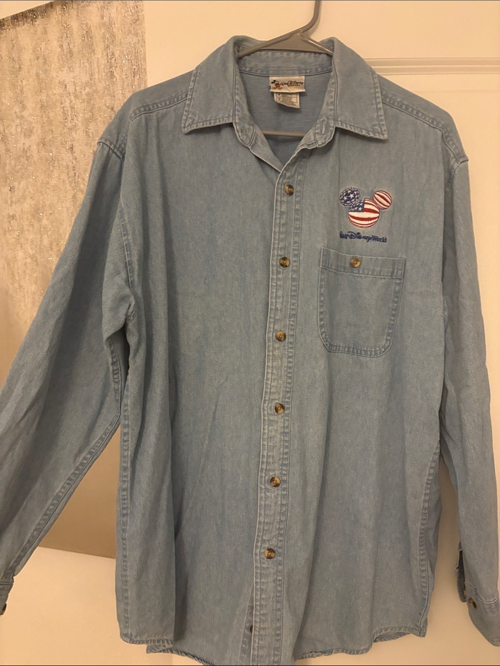 Walt Disney world Light Blue Denim Button-Down Shirt w/ American Mickey Mouse